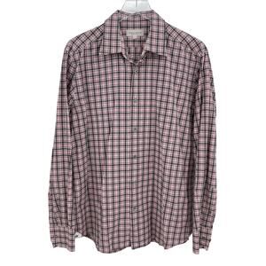 Neiman Marcus Large Melange Cotton Red Gray Plaid Long Sleeve Button Down Shirt